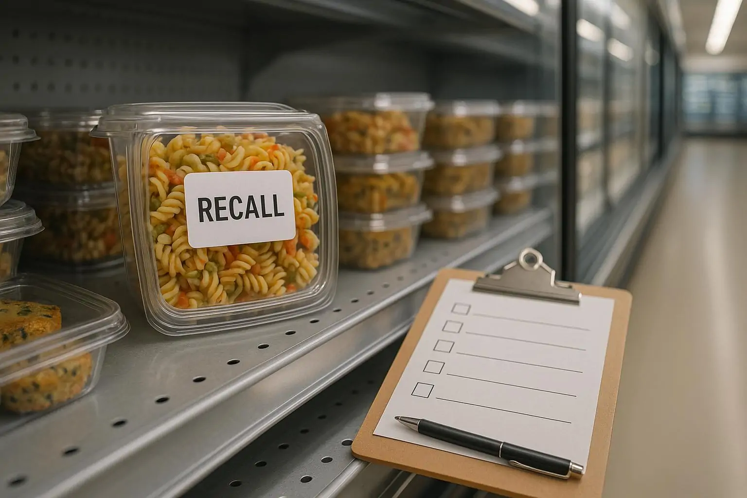 Холодильная витрина супермаркета с готовыми салатами в контейнерах и нейтральной пометкой «отзыв»