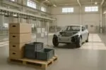 Светлый цех автозавода: паллеты с коробками деталей рядом с незавершённым электрокаром, символ спора о сборке