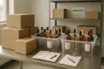 Коробки с бутылками крепкого алкоголя и тетрадь учёта на столе в нейтральном складском помещении