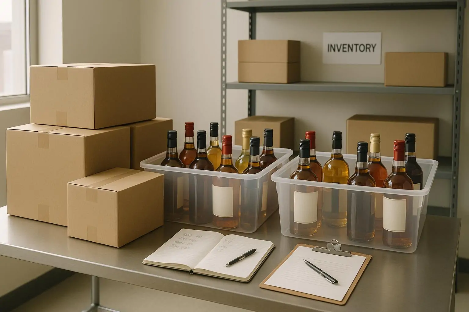 Коробки с бутылками крепкого алкоголя и тетрадь учёта на столе в нейтральном складском помещении