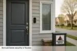 Вход в современный дом в Торонто: замок, дверная камера и окно с защитной плёнкой при дневном свете