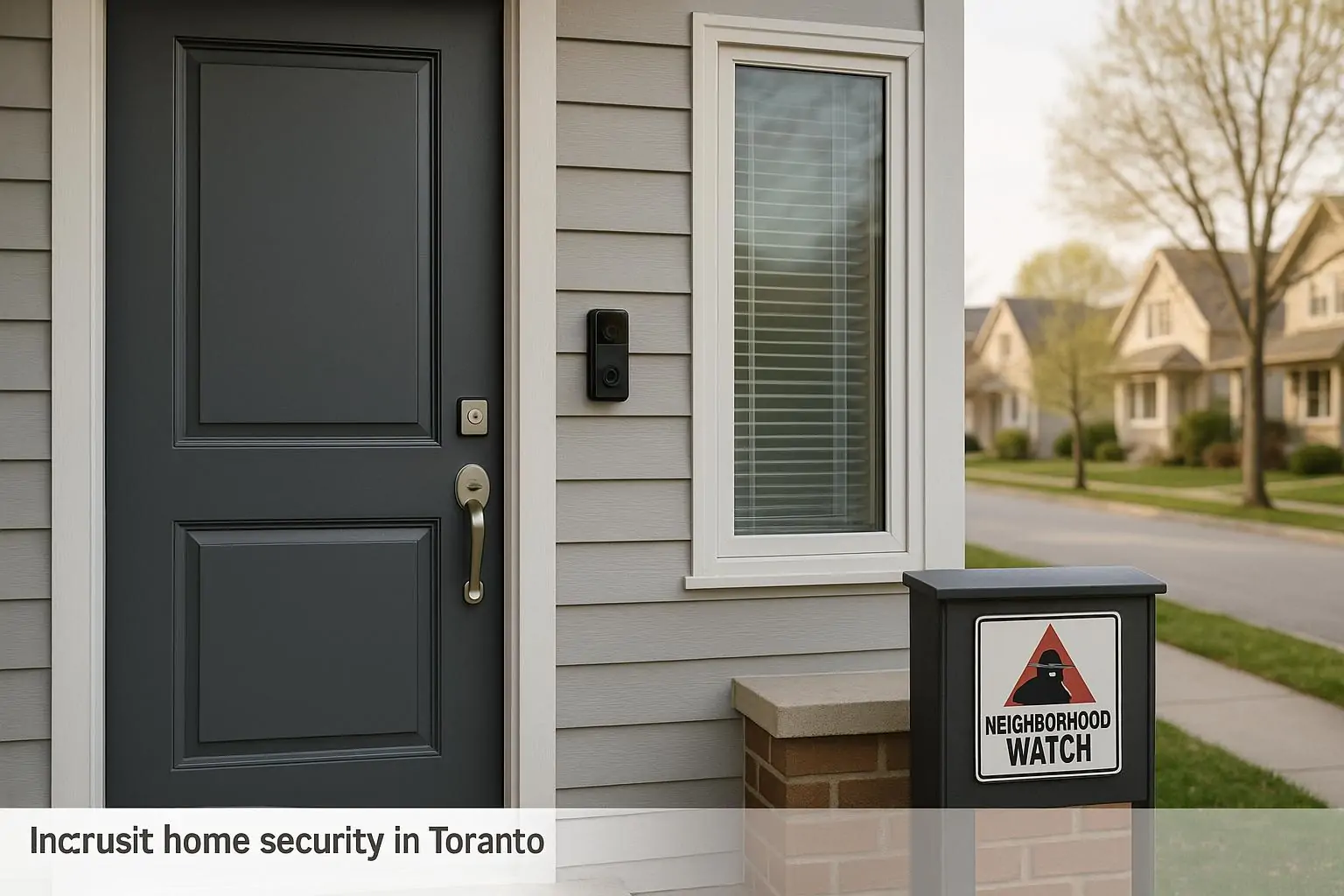 Вход в современный дом в Торонто: замок, дверная камера и окно с защитной плёнкой при дневном свете