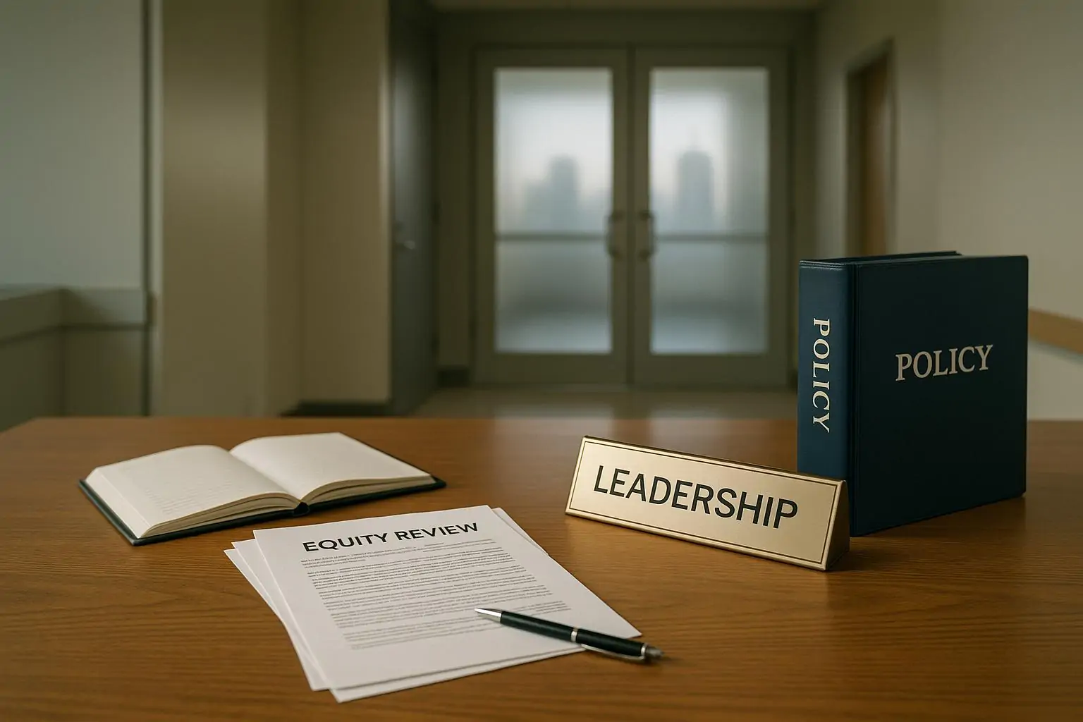 Нейтральный офисный стол с папками «Policy» и заметкой «Equity review» на фоне стеклянных дверей, дневной свет.