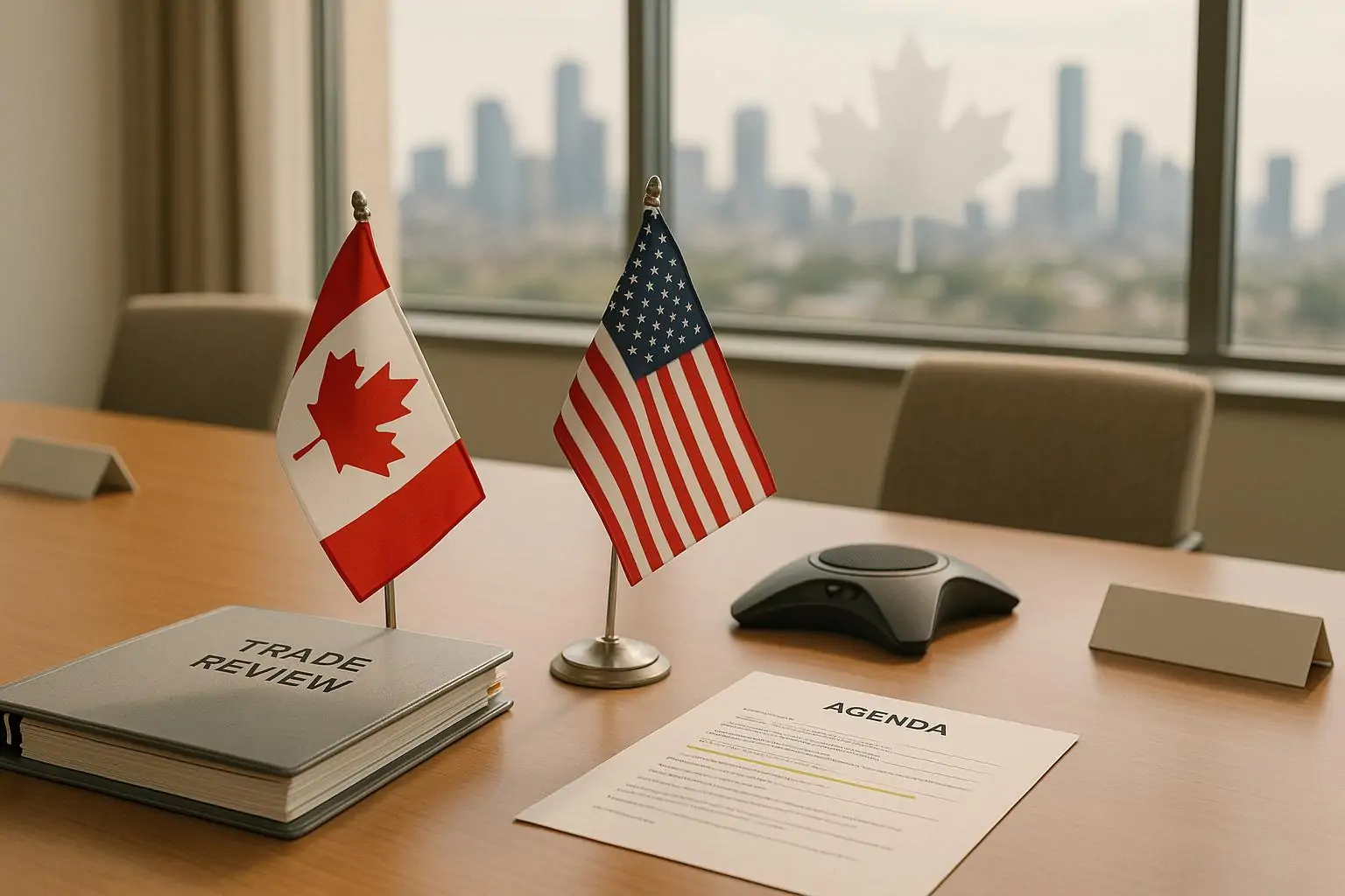 Стол переговоров с флагами Канады и США, папкой «Trade Review» и повесткой, мягкий дневной свет