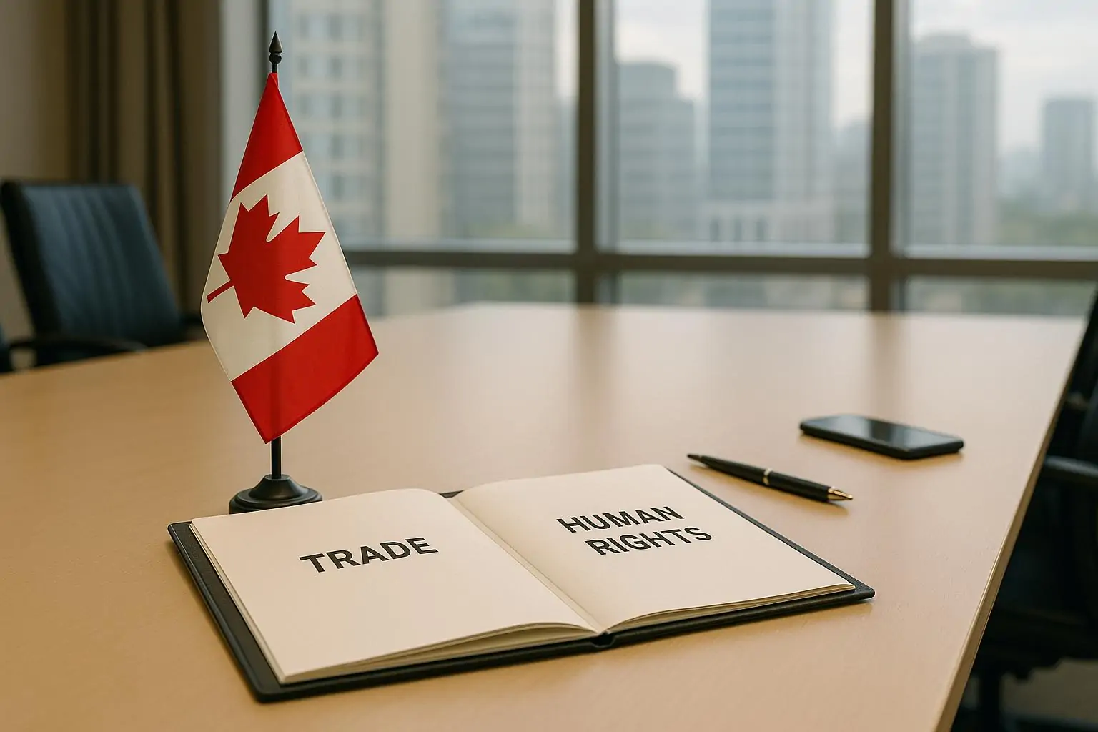 Папка с разделами «Торговля» и «Права человека» рядом с настольным флагом Канады в светлом зале