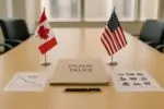 Стол переговоров с флагами Канады и США и папкой «Trade Talks», спокойный дневной свет, нейтральный фон.