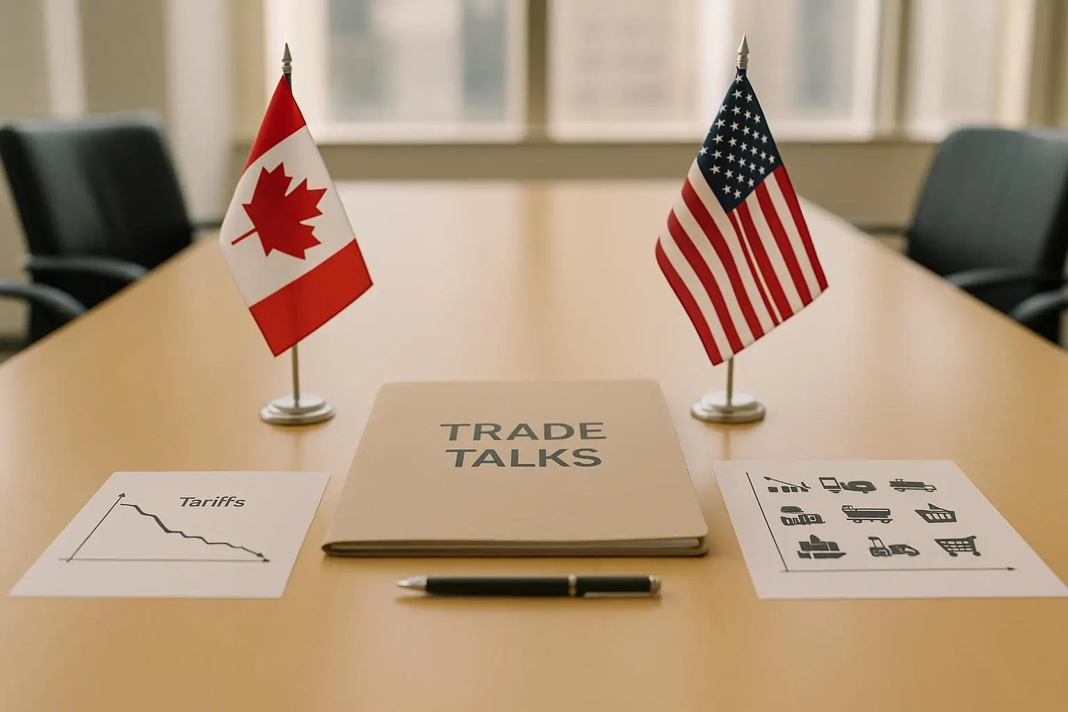 Стол переговоров с флагами Канады и США и папкой «Trade Talks», спокойный дневной свет, нейтральный фон.