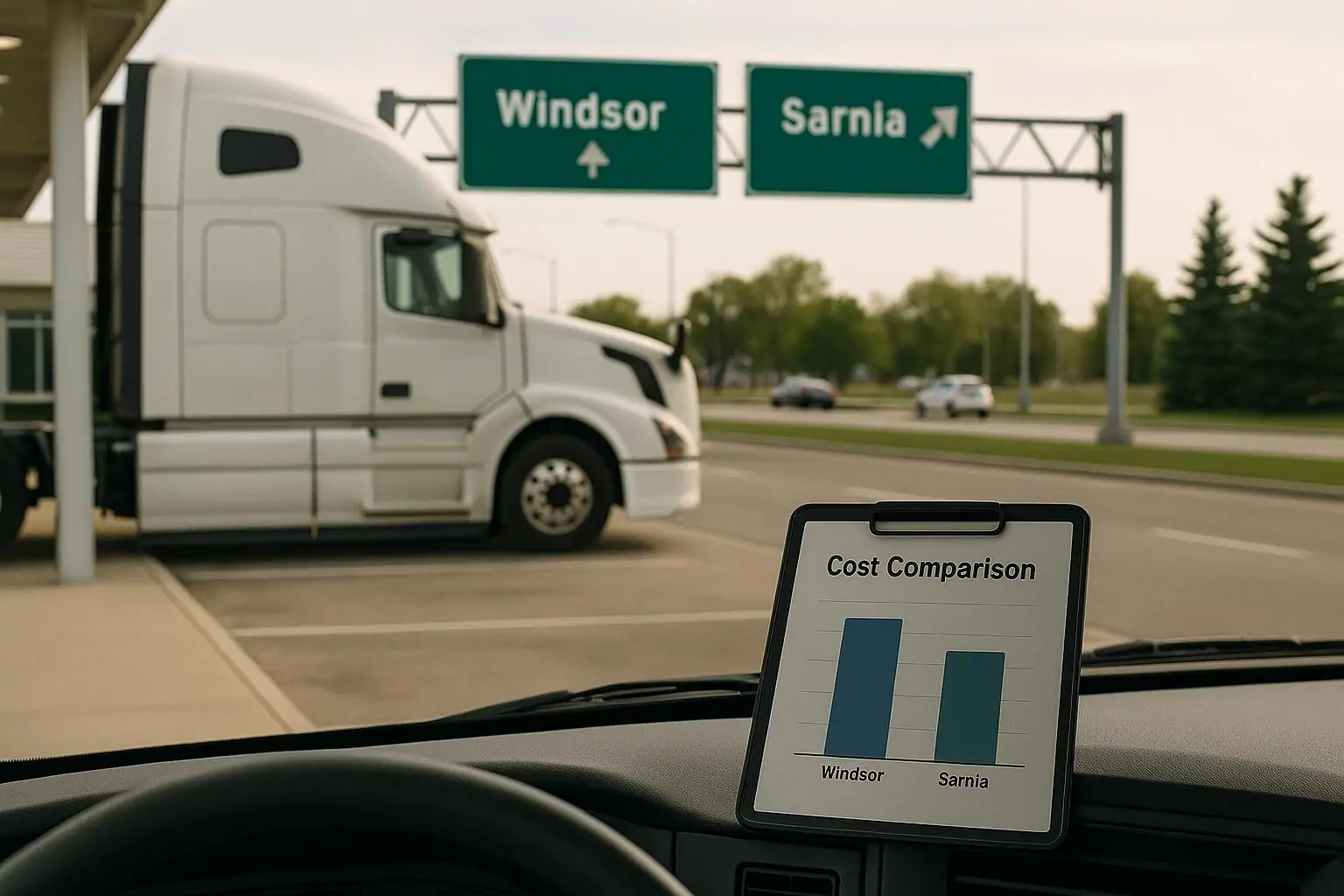 Фура на стоянке у трассы, вдали указатели на Виндзор и Сарнию как символ смены маршрутов из‑за тарифов