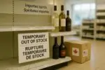 Светлый магазин: полка с алкоголем и табличка «временно нет», символ торгового спора США и Канады.