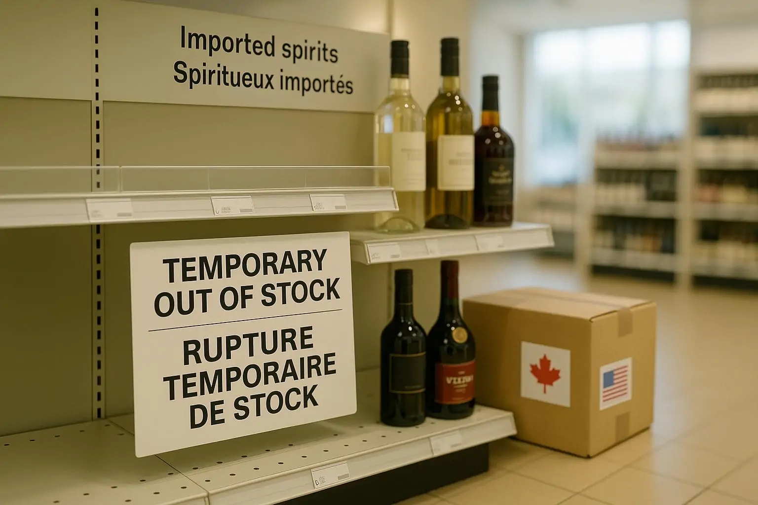 Светлый магазин: полка с алкоголем и табличка «временно нет», символ торгового спора США и Канады.