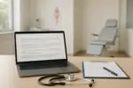 Рабочий стол врача с ноутбуком и интерфейсом расшифровки, заметны пометки о неточностях в записи