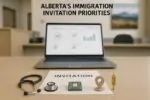 Письмо «Invitation» на столе в офисе, рядом стетоскоп, тех-гаджет и символ сельских сообществ Альберты