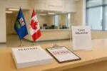 Стопка подписных листов и документ о судебном запрете на столе в нейтральном офисе, флаги Канады и Альберты на фоне