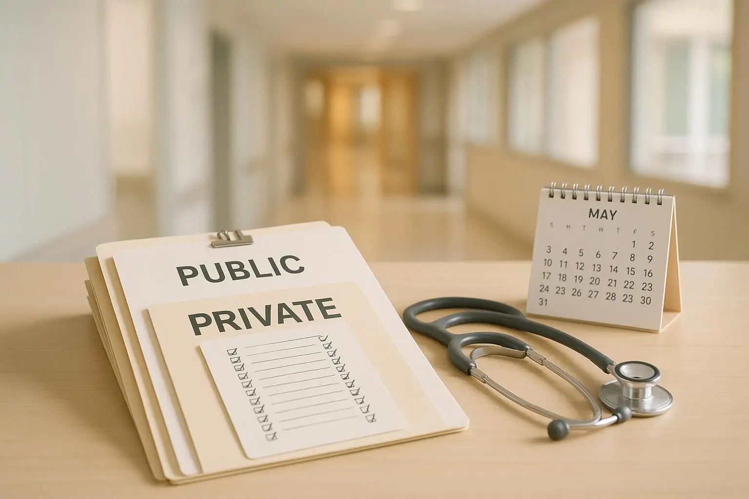 Папки «Public» и «Private» с чек-листом гарантий на столе в клинике, мягкий дневной свет, без людей