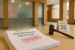 Папка с петициями и отметкой «пауза» на столе в светлом холле суда, символ юридической остановки референдума.
