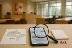 Настольная сцена с картой Канады и смартфоном, на размытых постах лупа как символ проверки дезинформации.