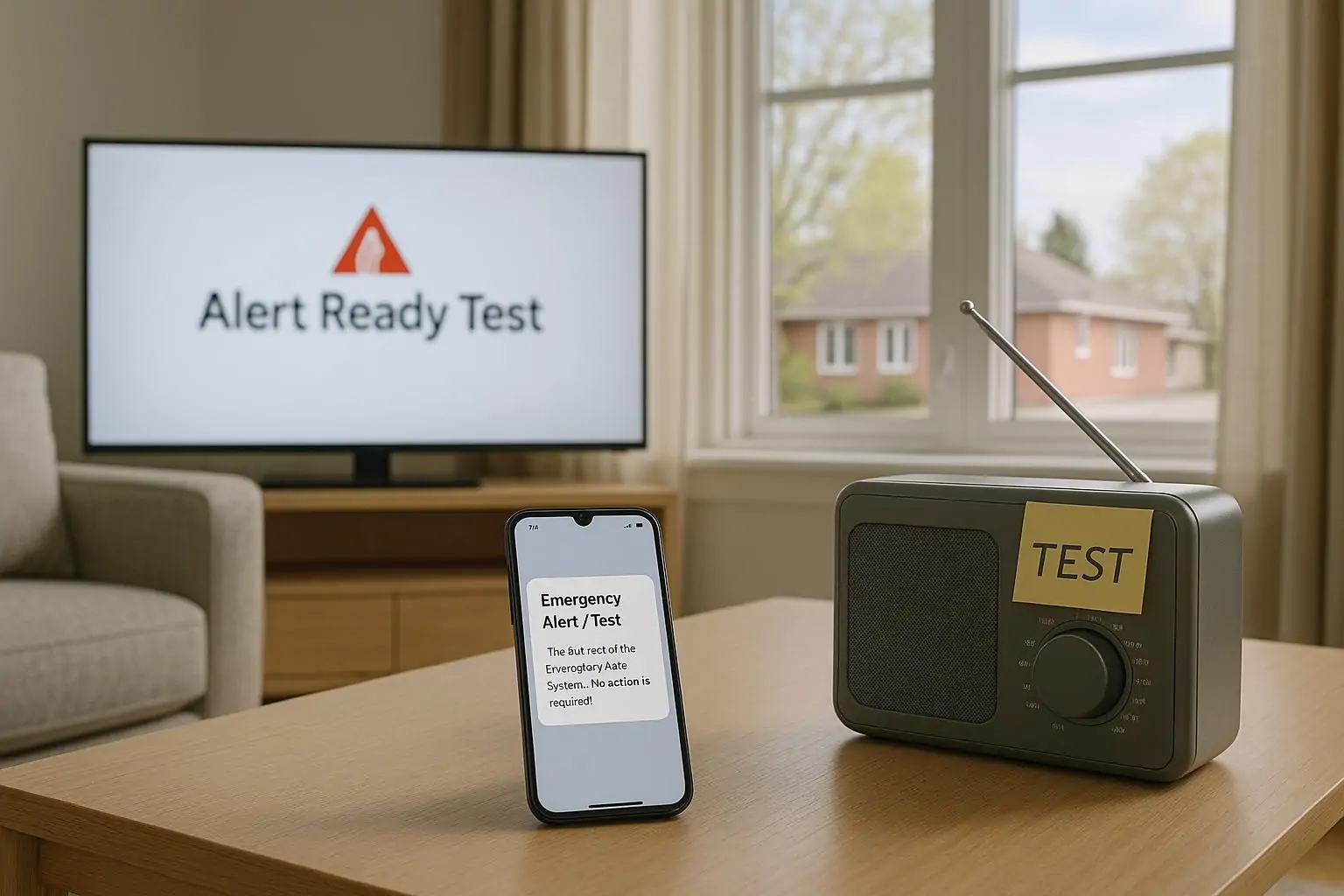 Смартфон с тестовым сообщением Alert Ready рядом с радио и ТВ в светлой гостиной, дневной свет.