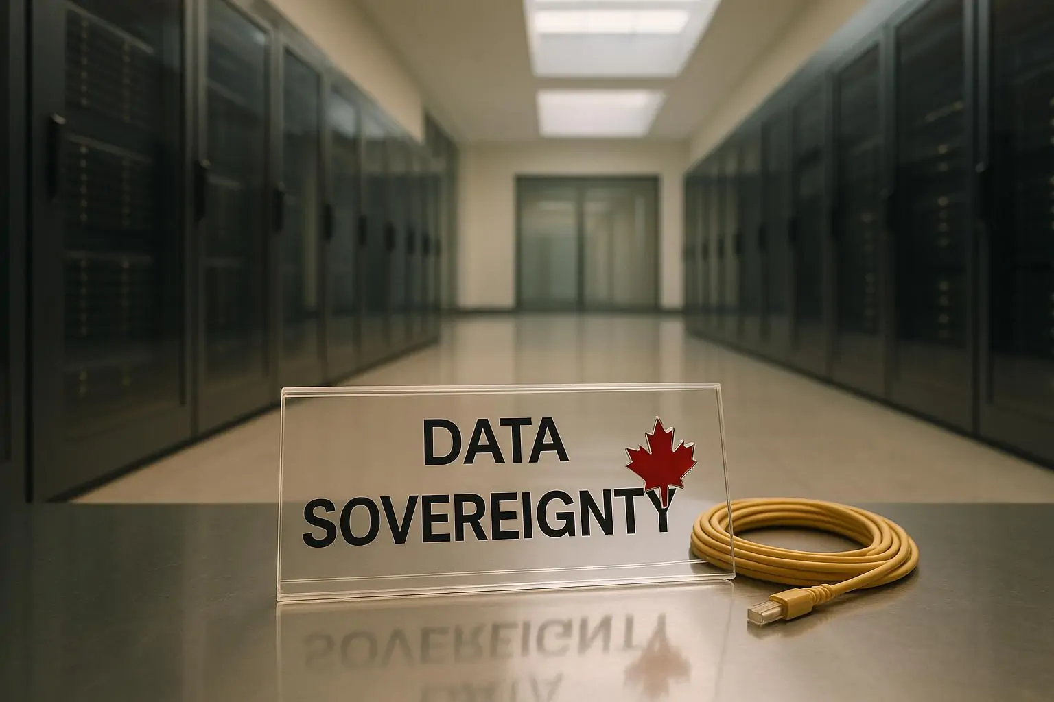 Современный коридор дата-центра с табличкой «Data Sovereignty» и кленовым листом, мягкий дневной свет