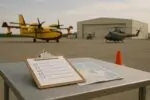 Стоящие на аэродроме самолёт-танкер и вертолёт на фоне ангара, рядом карта Канады и чек-лист