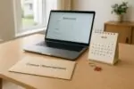 Конверт «Census/Recensement», ноутбук с онлайн-формой и календарь с отмеченным 12 мая в светлом интерьере