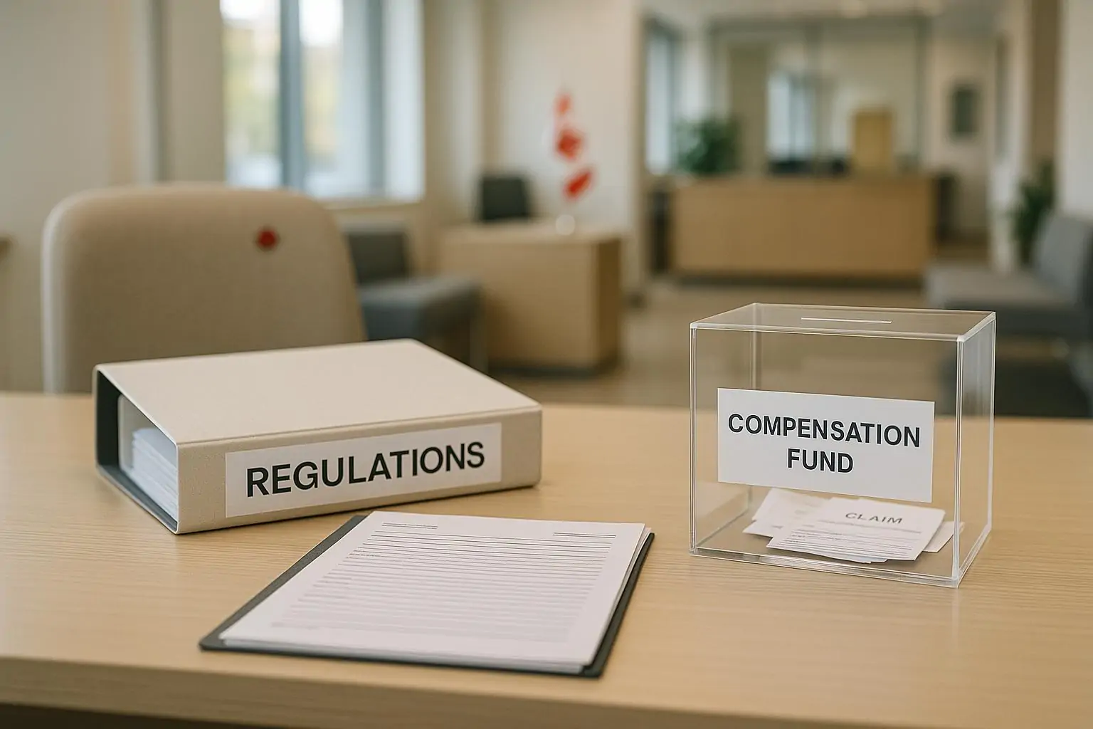Светлый офис госуслуг в Канаде: папка «Regulations» и коробка «Compensation Fund» на столе, символ реформы