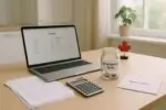 Светлый стол с счетами, калькулятором и ноутбуком с бюджетом; символ роста долгов и неплатёжеспособности в Канаде