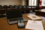 Папка «Bill C-16» и ноутбук со значком замка и пометкой «AI generated», символ запрета дипфейков в Канаде