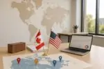 Светлый офис с картой Канады и мира, отметки пяти городов экспорта и более приглушённый акцент на Онтарио.