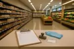 Чистый продуктовый ряд и папка с чек‑листом инспекции на фоне полок, символ нехватки контроля