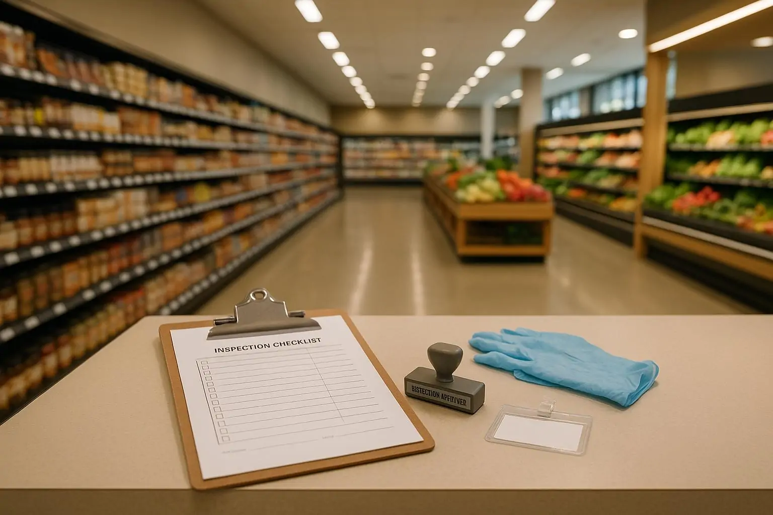 Чистый продуктовый ряд и папка с чек‑листом инспекции на фоне полок, символ нехватки контроля