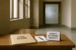 Спокойный коридор суда в Канаде: папка «Civil Claim» и табличка «Dignity • Autonomy • Equality» на скамье