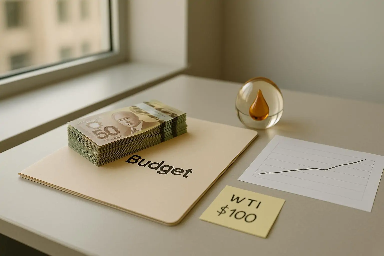 Светлый офисный стол: папка «Budget», график с ростом и канадские доллары рядом с символом нефти.