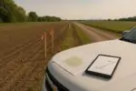 Сельхозполе с колышками разметки и разложенной картой маршрута — символ обсуждения коридора ВСМ в Канаде