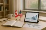 Светлый кабинет вуза: графики цитируемости и флаги Канады и США на столе, символ сравнения науки