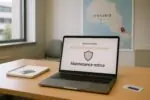 Ноутбук с нейтральным уведомлением о статусе системы на фоне офисной карты Онтарио в учебном кампусе