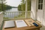 Стол на веранде коттеджа с ключом и документами по ипотеке на фоне спокойного канадского озера
