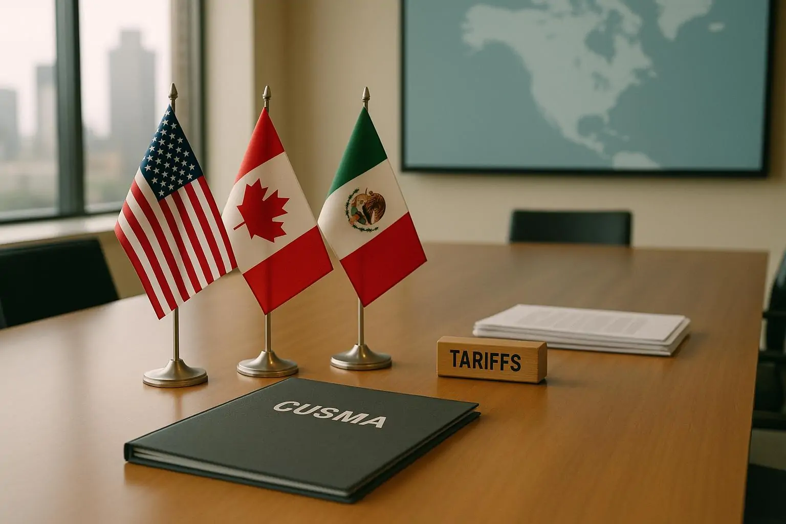 Папка «CUSMA» и штамп «TARIFFS» рядом с флагами США, Канады и Мексики в переговорной при дневном свете