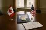 Флаги Канады и США на столе рядом с папкой о сотрудничестве и заметкой «пауза» в светлом зале