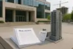 Папка с документами предзаказа и конверт с квитанцией на фоне здания суда и силуэта новостройки
