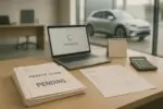 Офис автодилера: на столе заявки на EV-льготы со штампом «в ожидании» и ноутбук с обработкой выплат