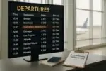 Табло в аэропорту со статусом «рейс перенаправлен в Монреаль», рядом документы и форма проверки въезда