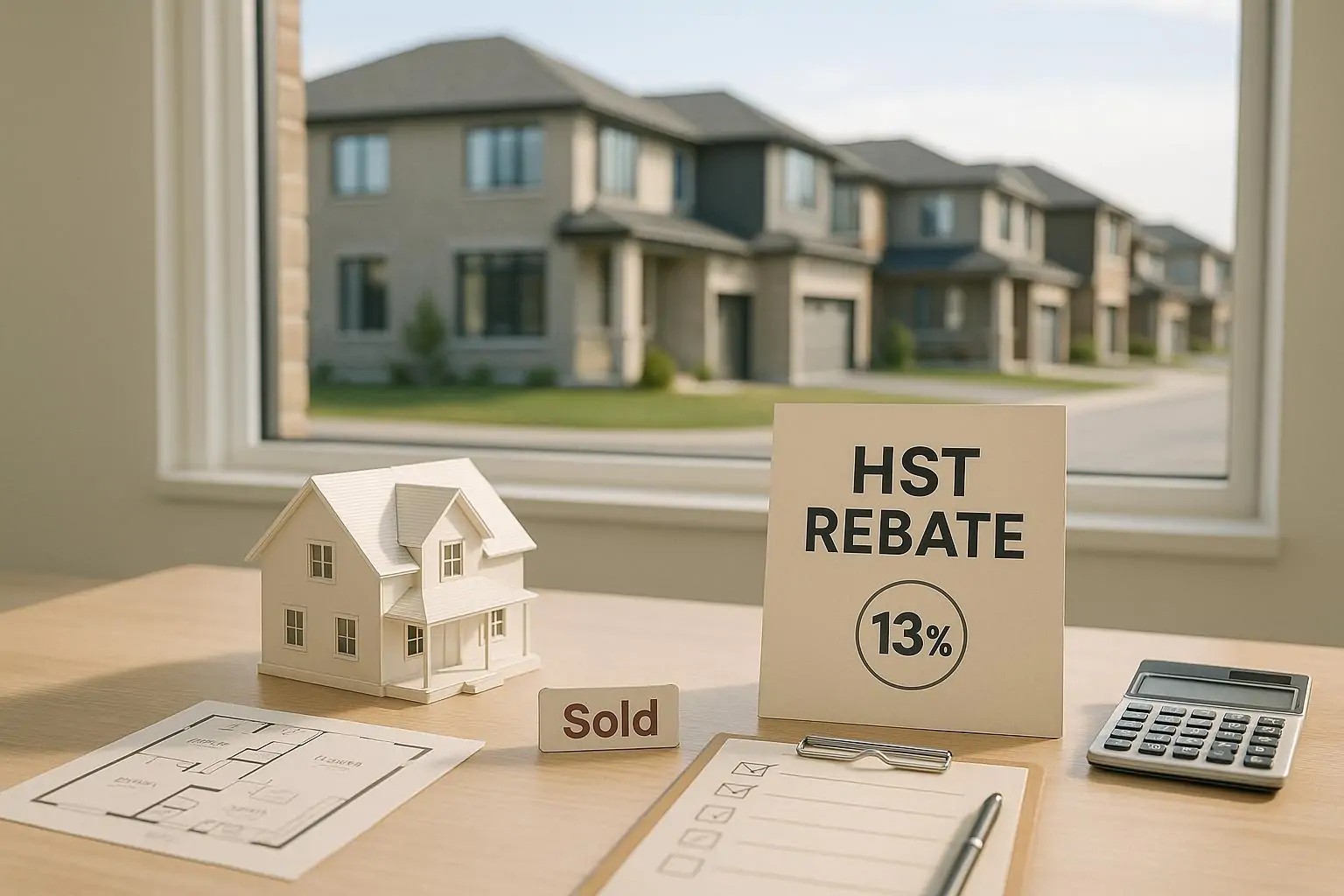 Макет дома, планировка и лист «HST rebate» на столе в офисе продаж, на фоне новых домов Оттавы
