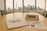 Светлый офисный стол с документами «Headquarters Proposal» и табличкой DSRB на фоне городских окон