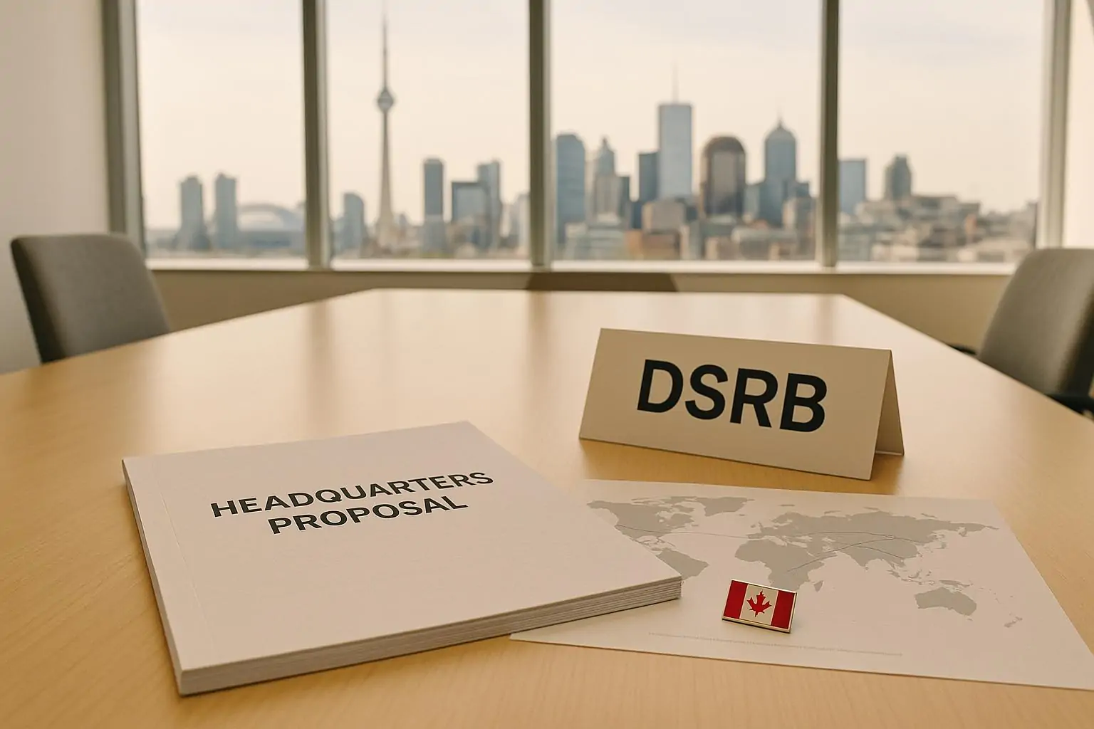 Светлый офисный стол с документами «Headquarters Proposal» и табличкой DSRB на фоне городских окон