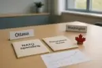 Папки «NATO spending» и «Procurement review» рядом с графиком бюджета на столе в переговорной при дневном свете