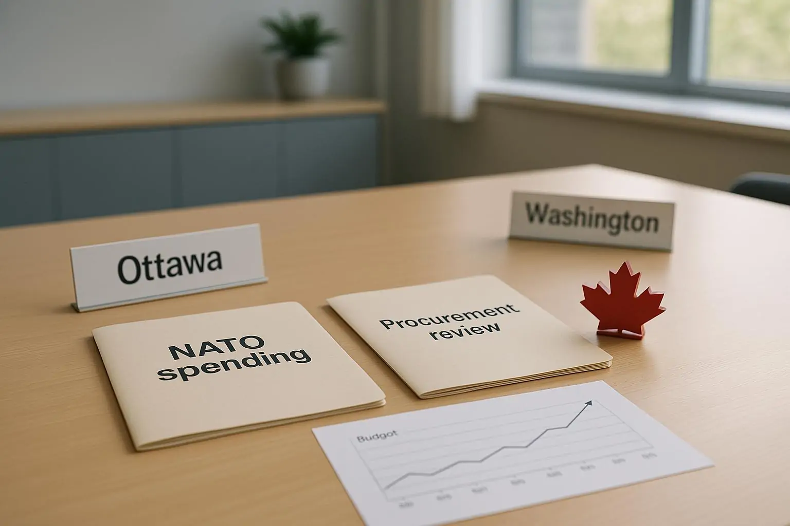 Папки «NATO spending» и «Procurement review» рядом с графиком бюджета на столе в переговорной при дневном свете