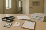 Пустой кабинет соцподдержки: старый бейдж рядом с новым в упаковке и график смен с пробелами, дневной свет