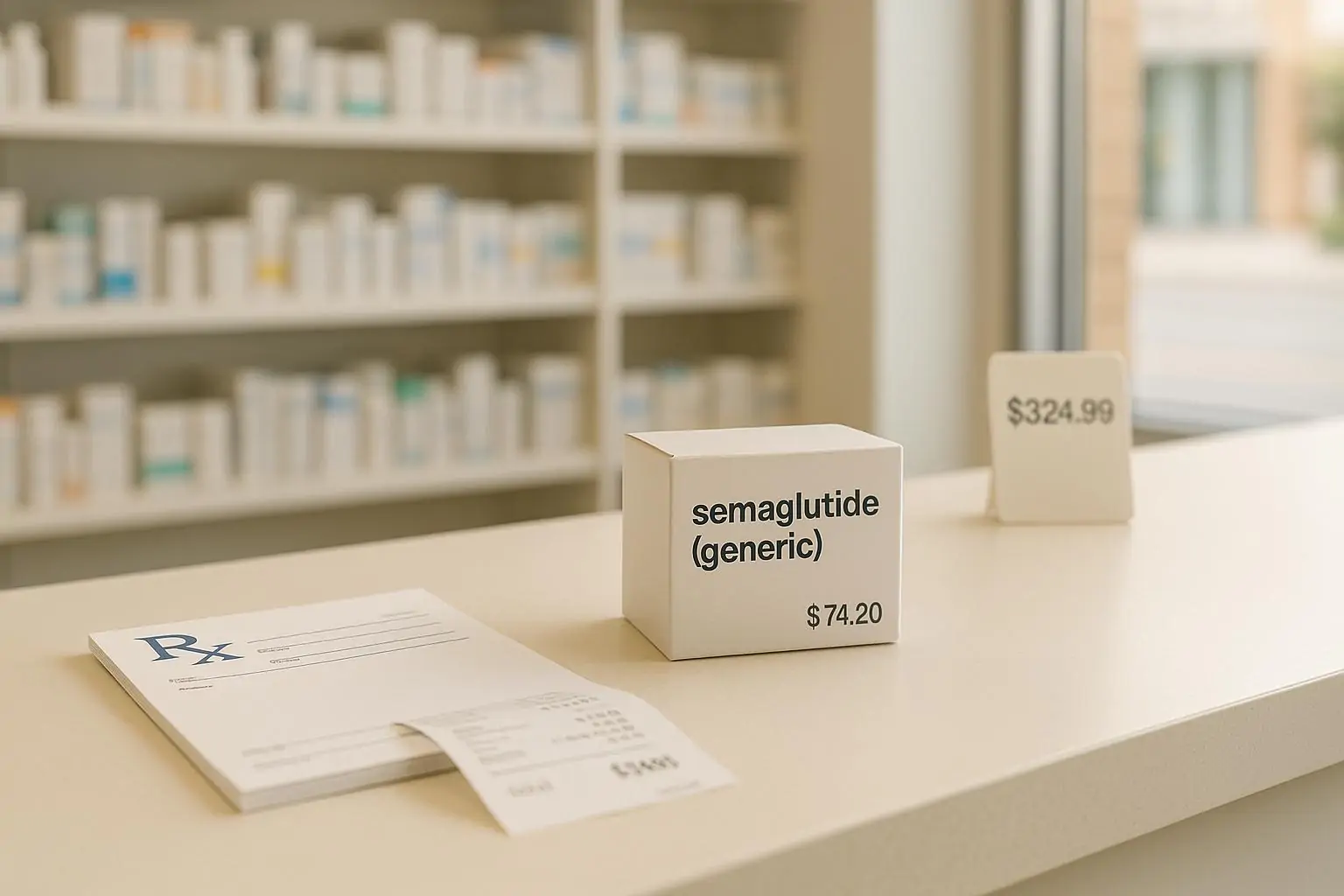 Аптечная стойка с безбрендовой упаковкой «semaglutide (generic)» и ценником, мягкий дневной свет