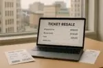 Ноутбук с интерфейсом перепродажи билетов и листом с раскрытыми комиссиями на светлом столе при дневном свете