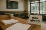Стойка в современной кофейне: табличка «Now Hiring», анкеты и ручка при мягком дневном свете.